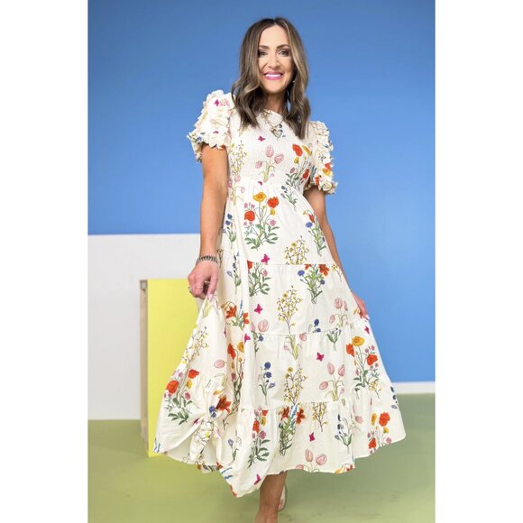 THML Dresses & Skirts - THML Ivory Floral Puff Sleeve Smocked Dress - Small